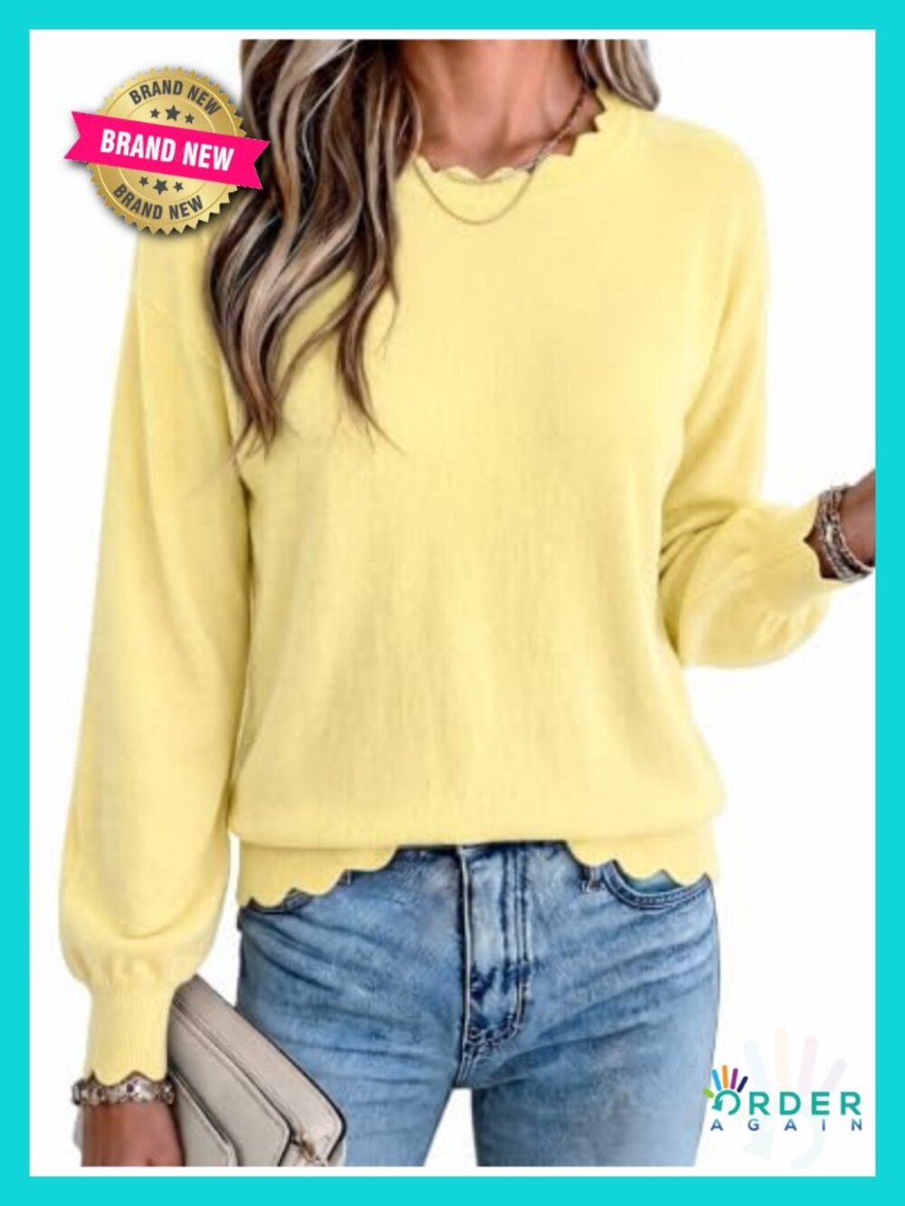Womens Crew Neck Scallop Trim Lightweight Sweater Pullover